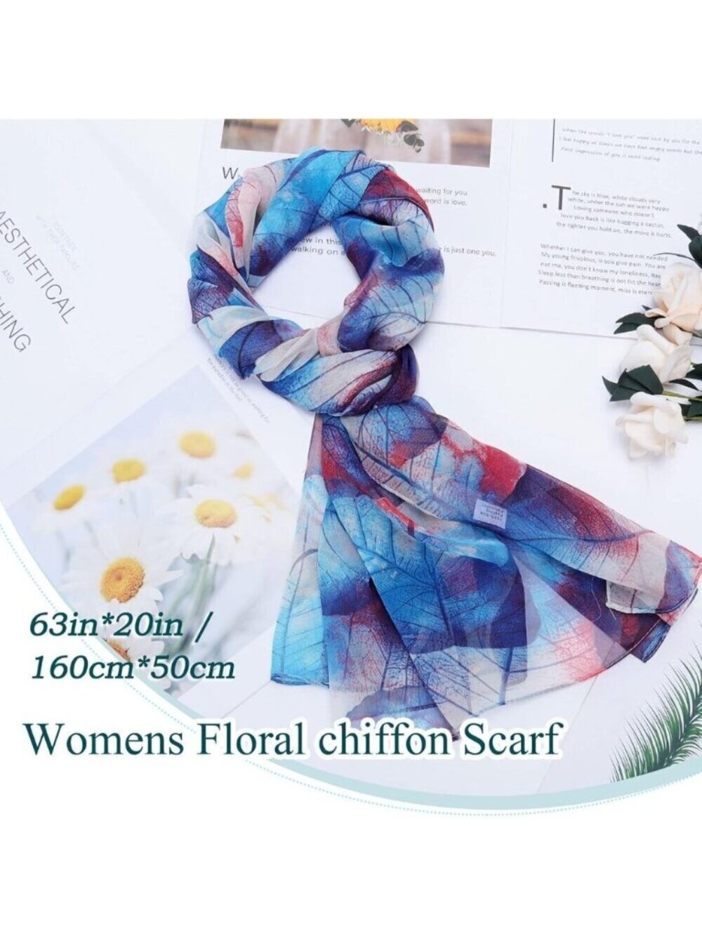 Women's Navy+orange Fashion Lightweight Head Scarf Floral Print Chiffon Scarves - Picture 3 of 7